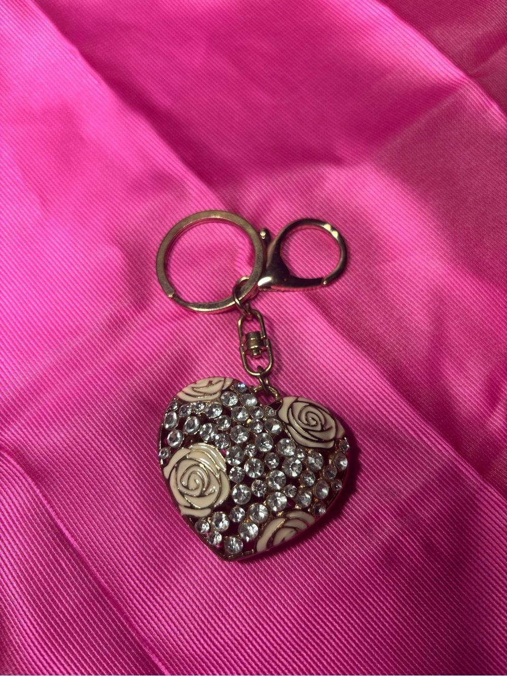 New Bag Charm Heart Crystal Keychain with Cream Rose Accents